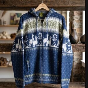 Boho Alpaca Wool Llama Pattern Hooded Zip Sweater Jacket L
